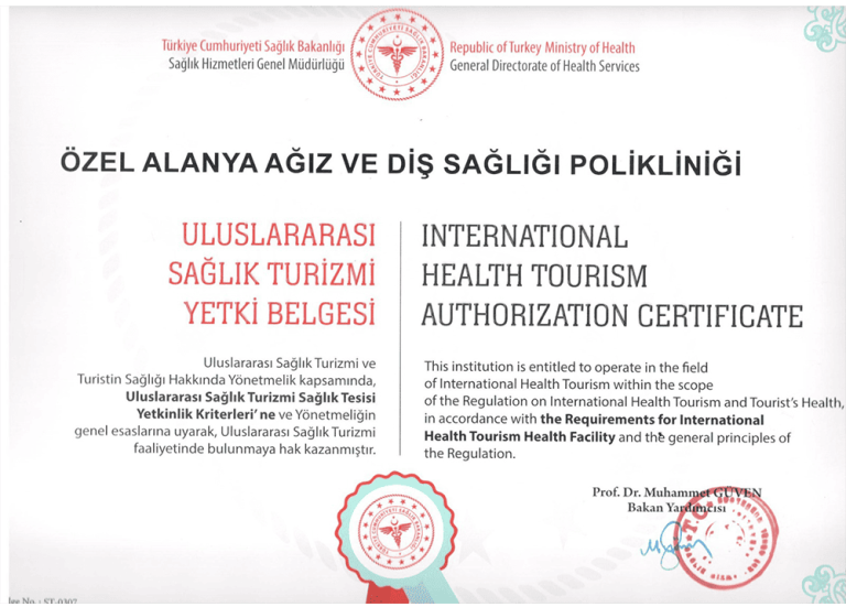 Alanya tannlegesenters helseturisme-sertifikat